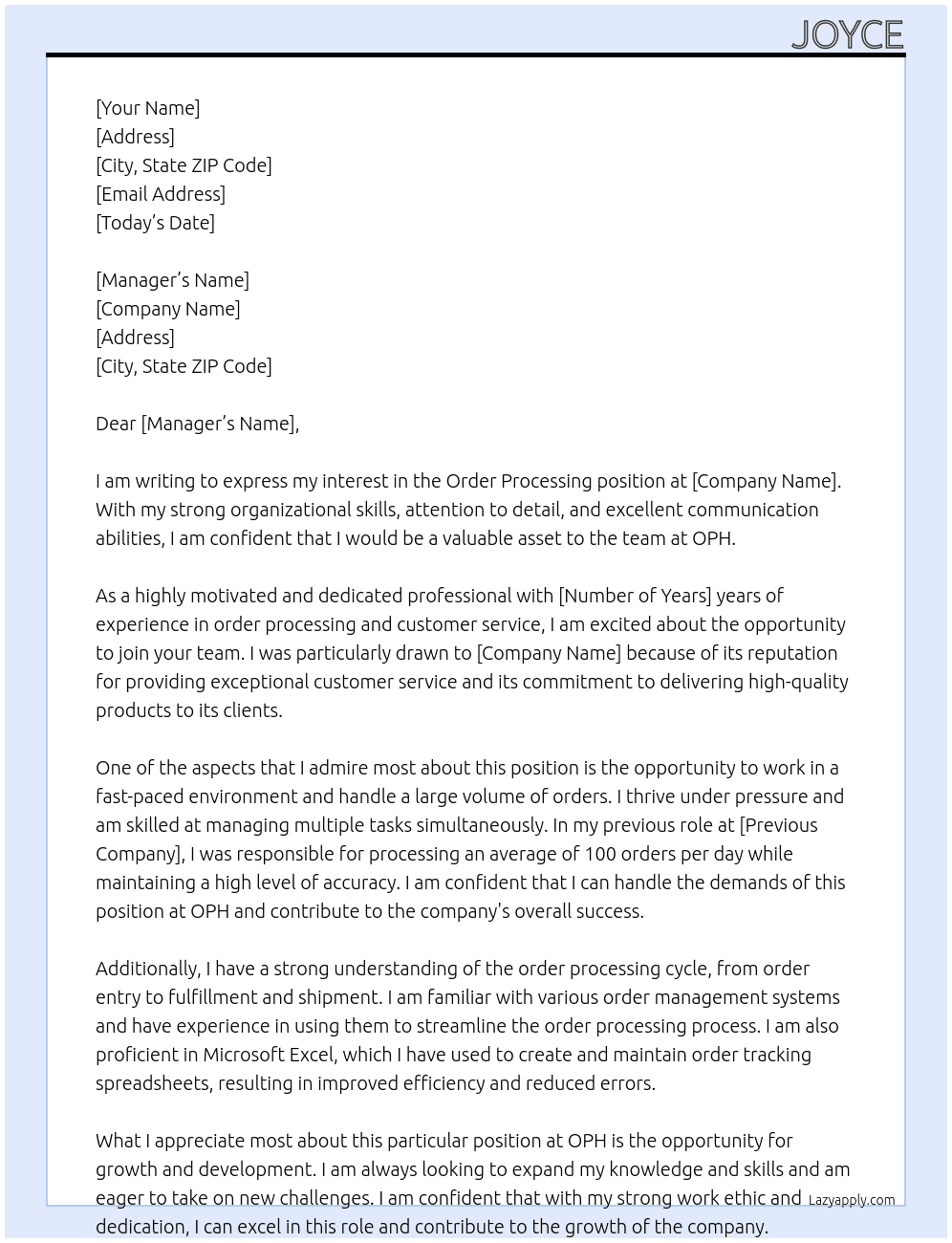 Order Processing At OPH Cover Letter