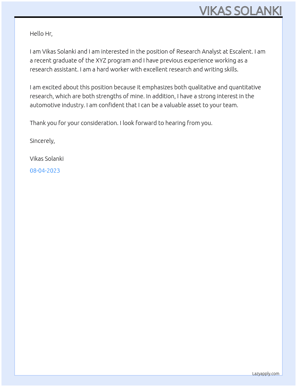 Research analyst At Escalent Cover Letter
