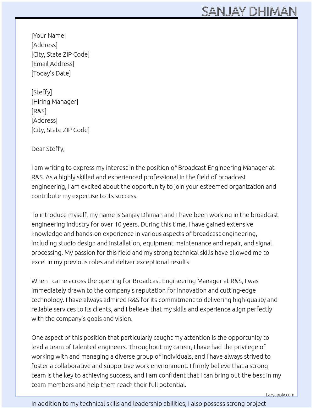 Broadcast Engineering Manager At R&S Cover Letter