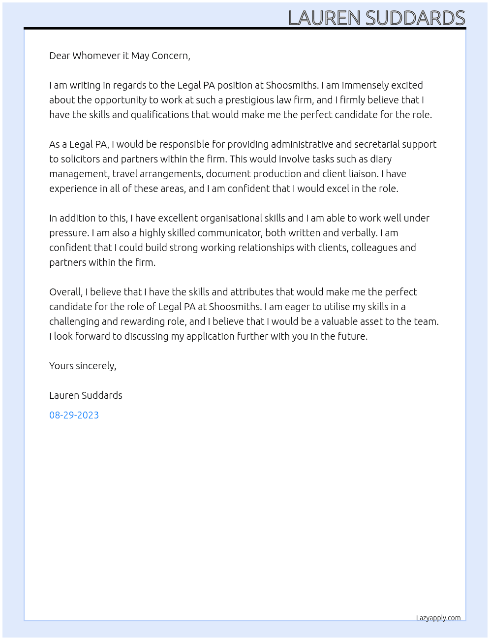 Legal PA At Shoosmiths Cover Letter