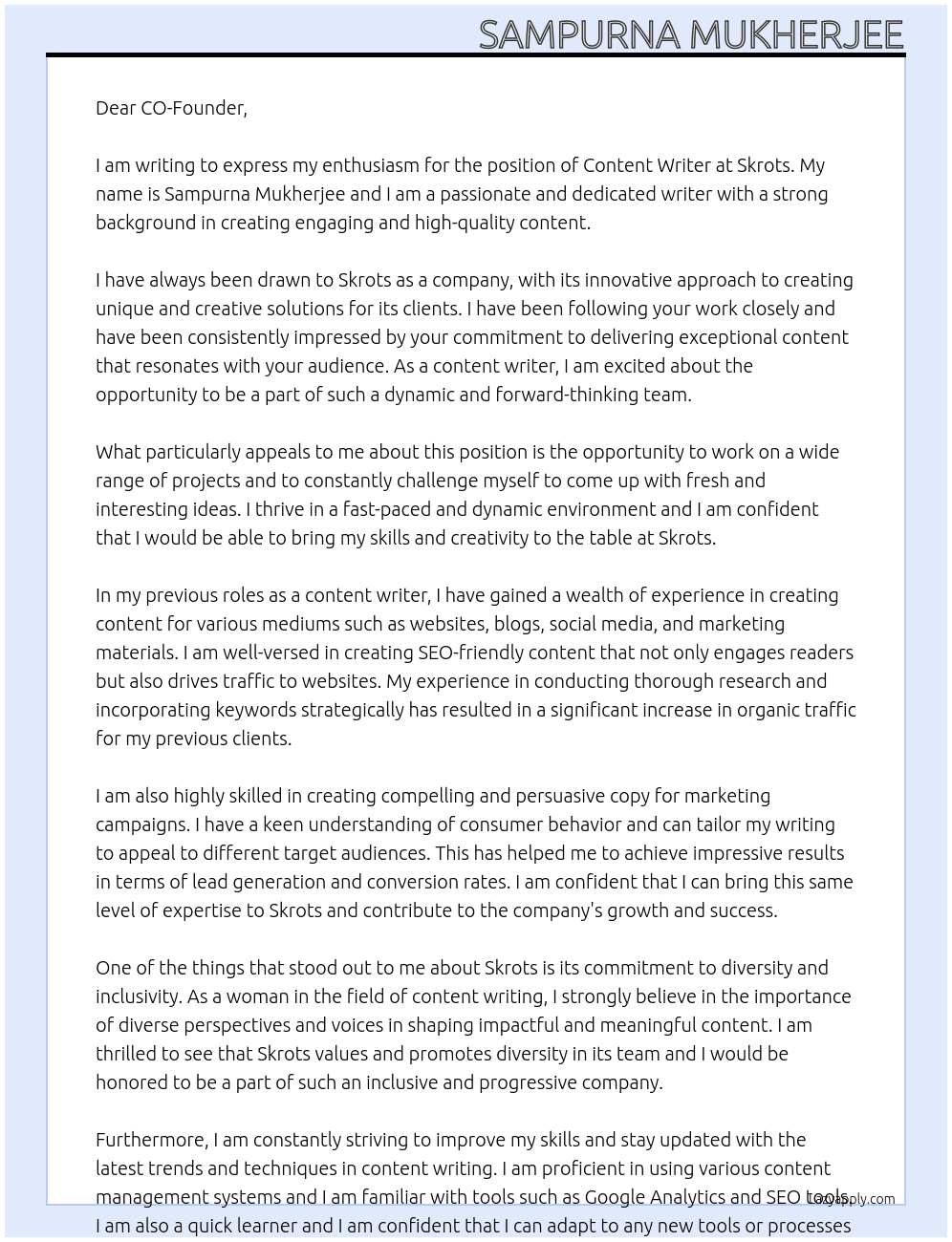 content writer At Skrots Cover Letter