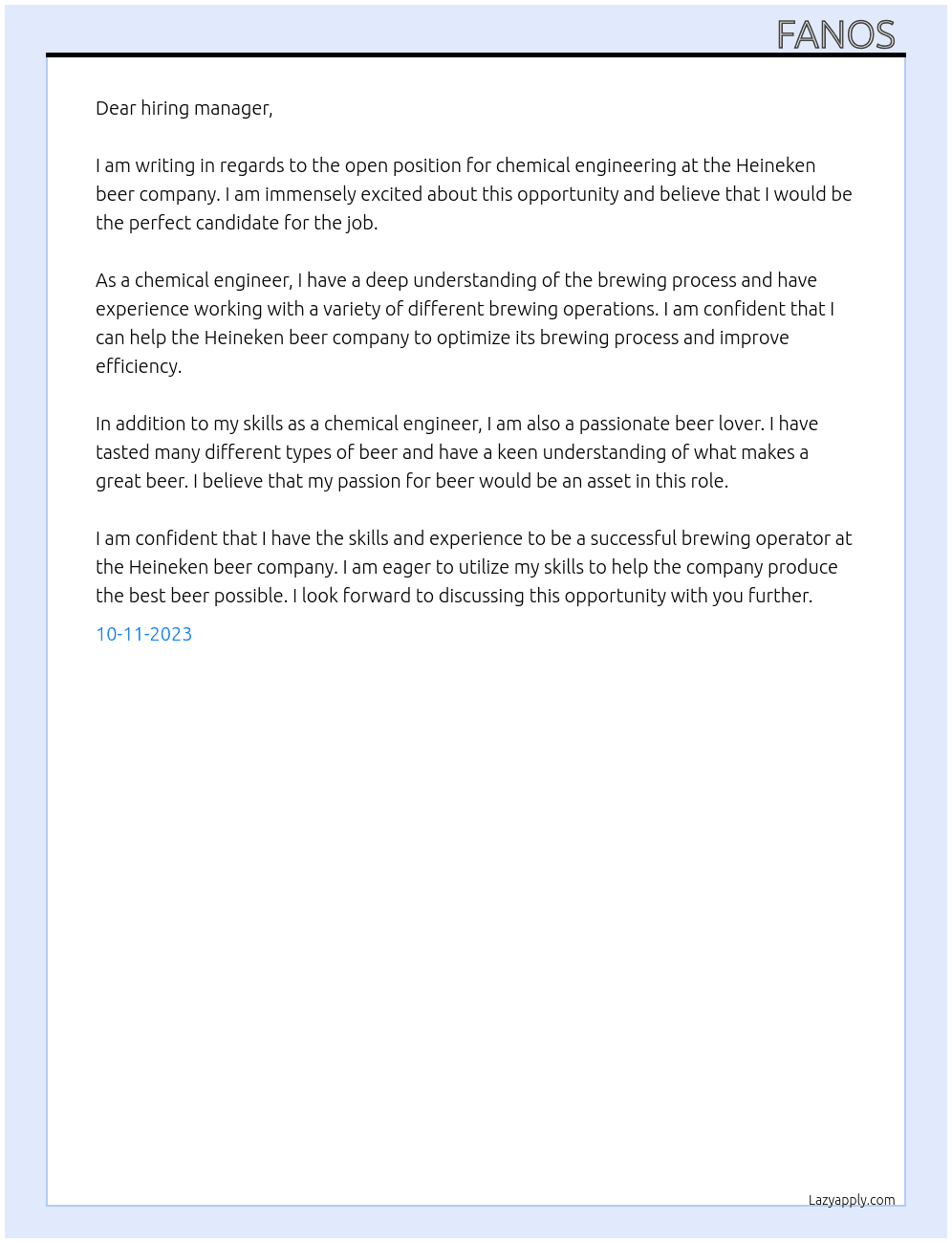 Chemical Engineering  At Brewing operators  Cover Letter