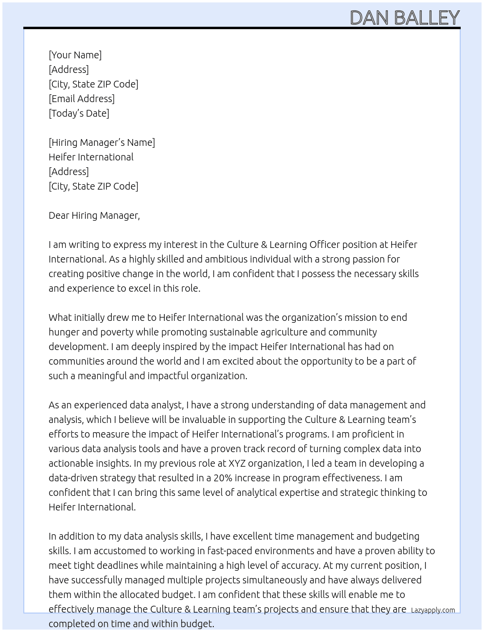 Culture & Learning Officer At Heifer International Cover Letter
