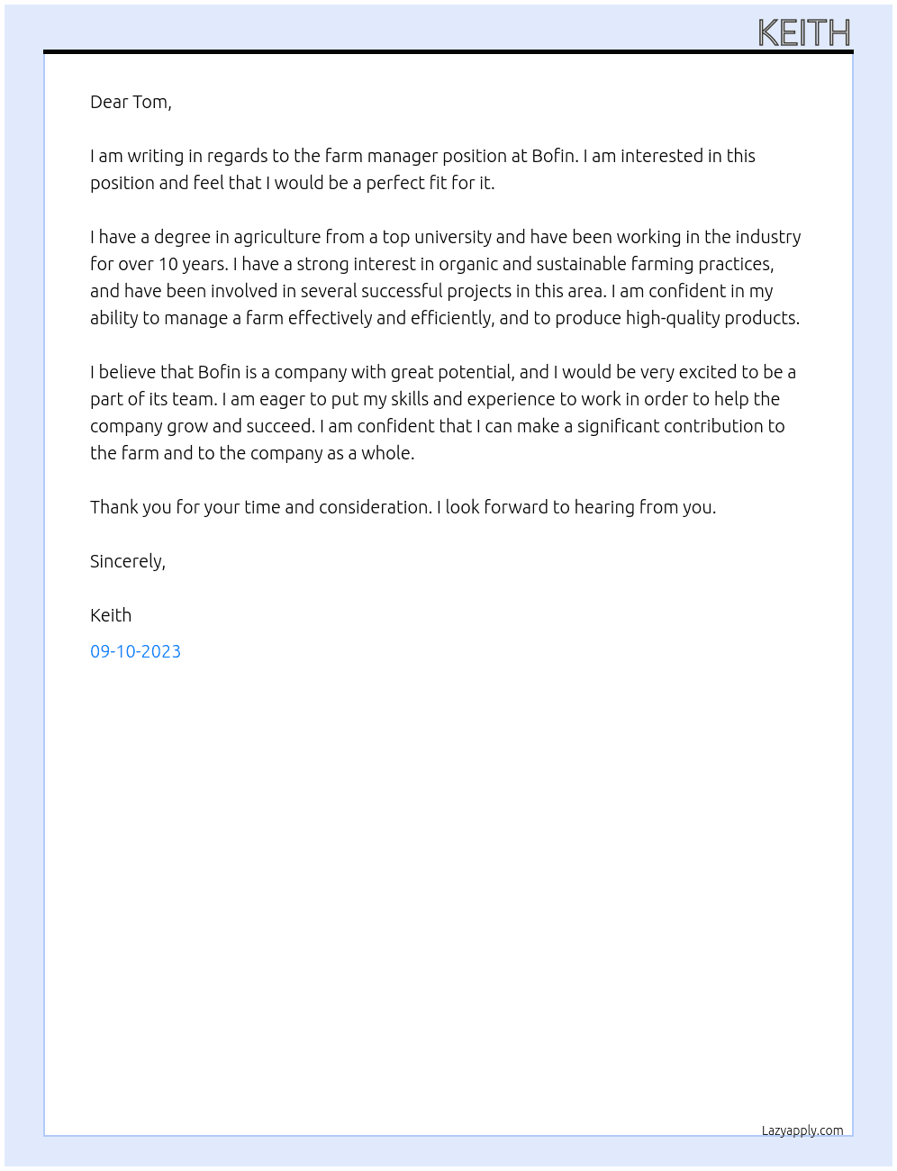 Farm manager At Bofin Cover Letter