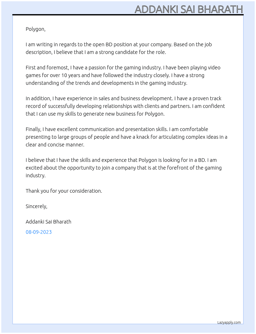 BD At Polygon Cover Letter