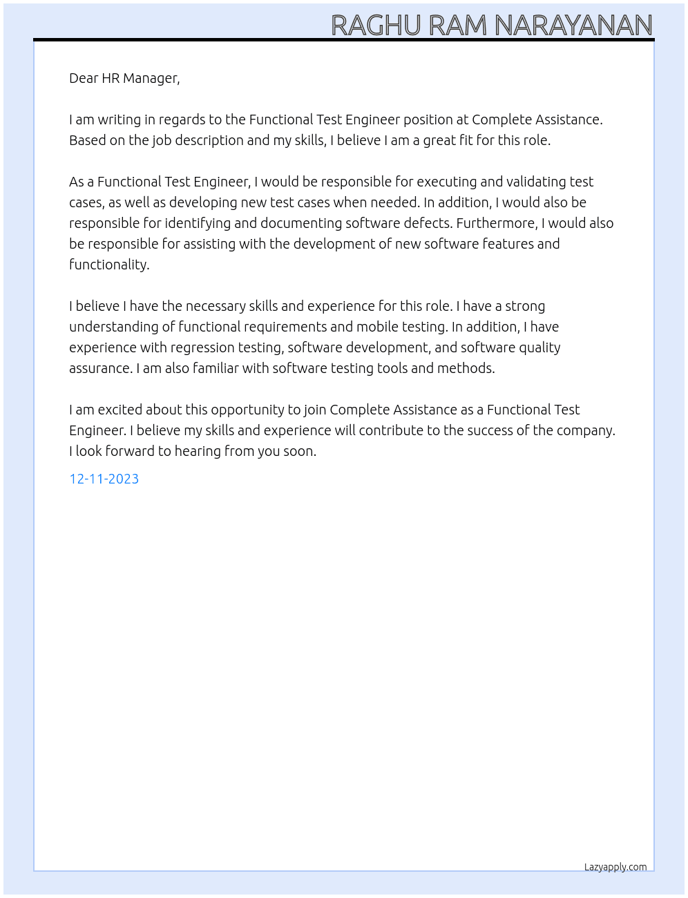 Functional Test Engineer At Complete Assistance Cover Letter