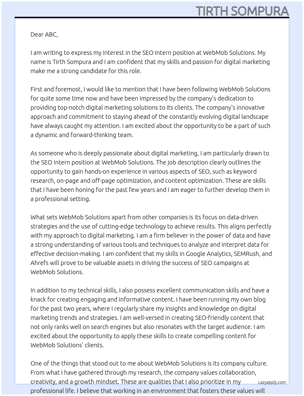 SEO Intern At WebMob Solutions Cover Letter