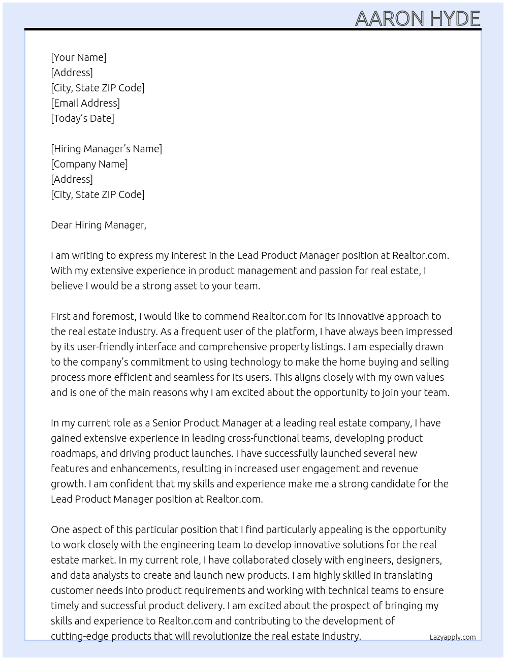 Lead Product Manager At Realtor.com Cover Letter