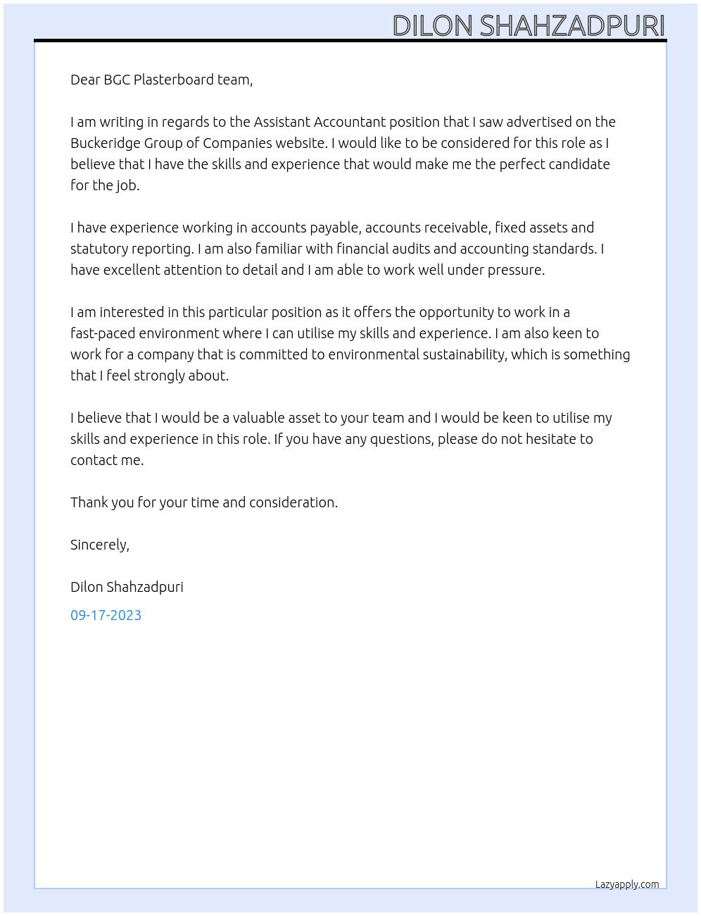 Assistant Accountant At Buckeridge Group of Companies Cover Letter