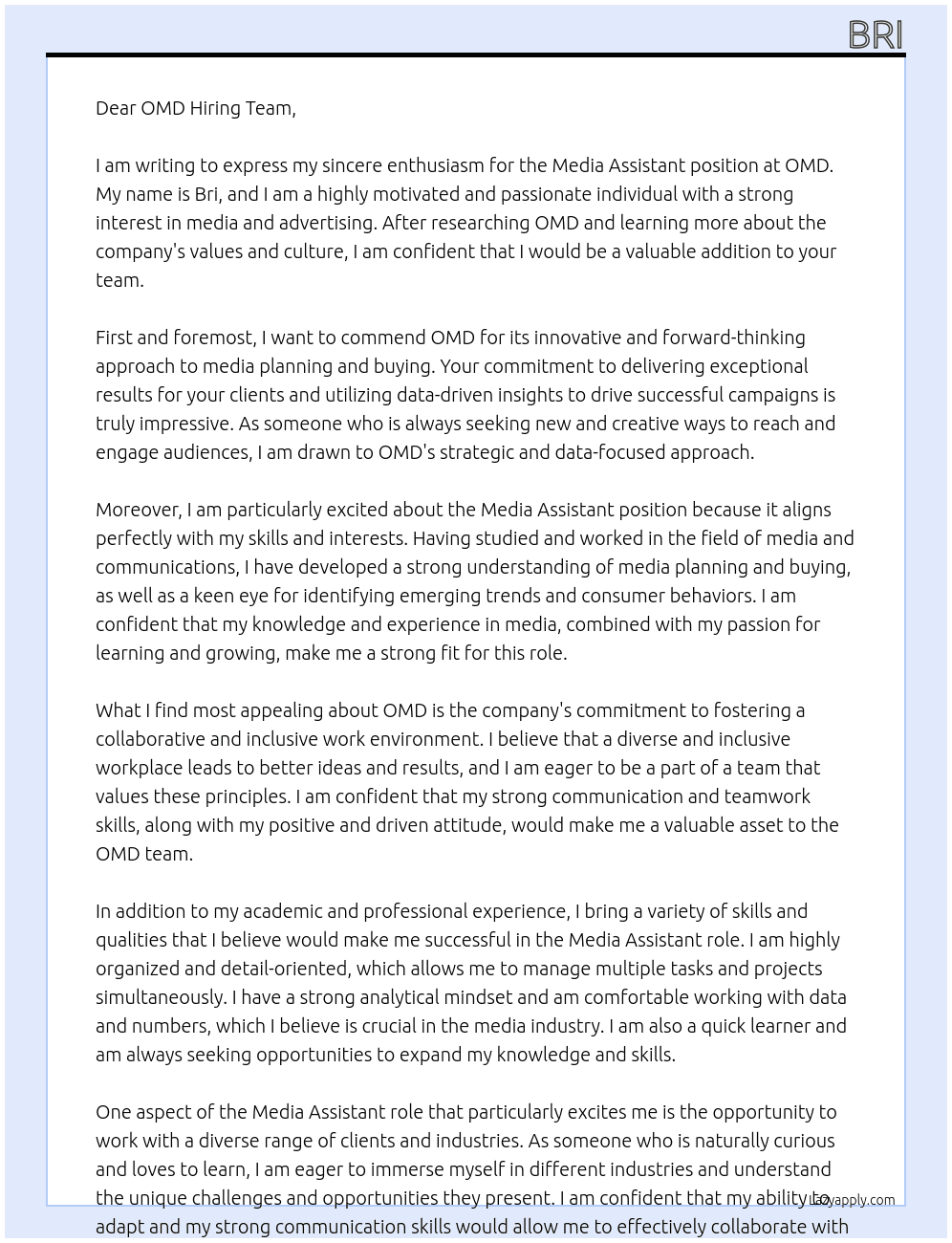 Media Assistant At OMD Cover Letter