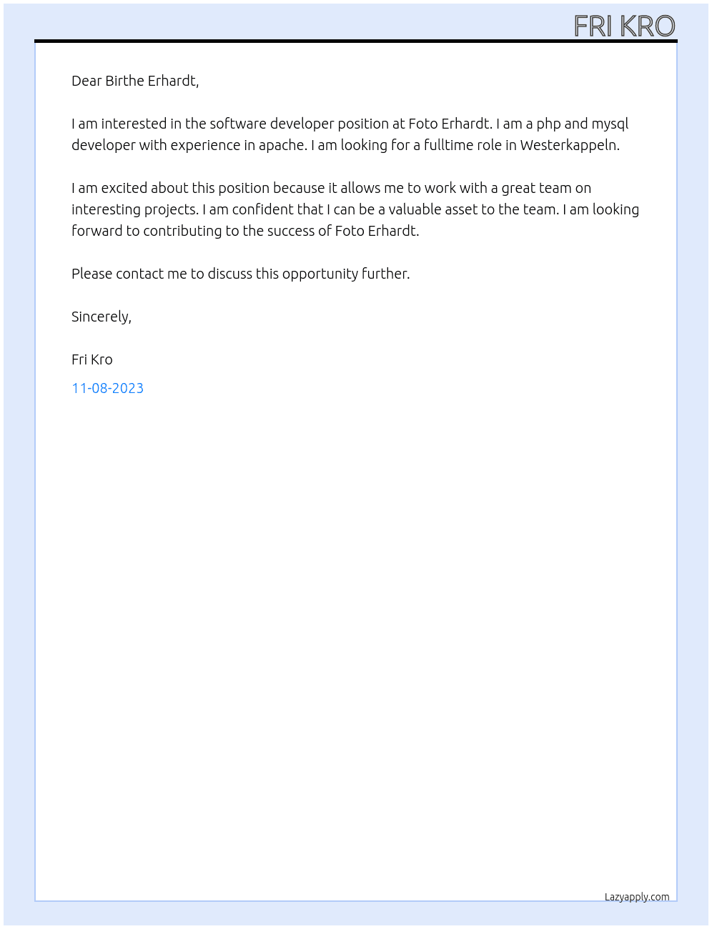 software developer At Foto Erhardt Cover Letter