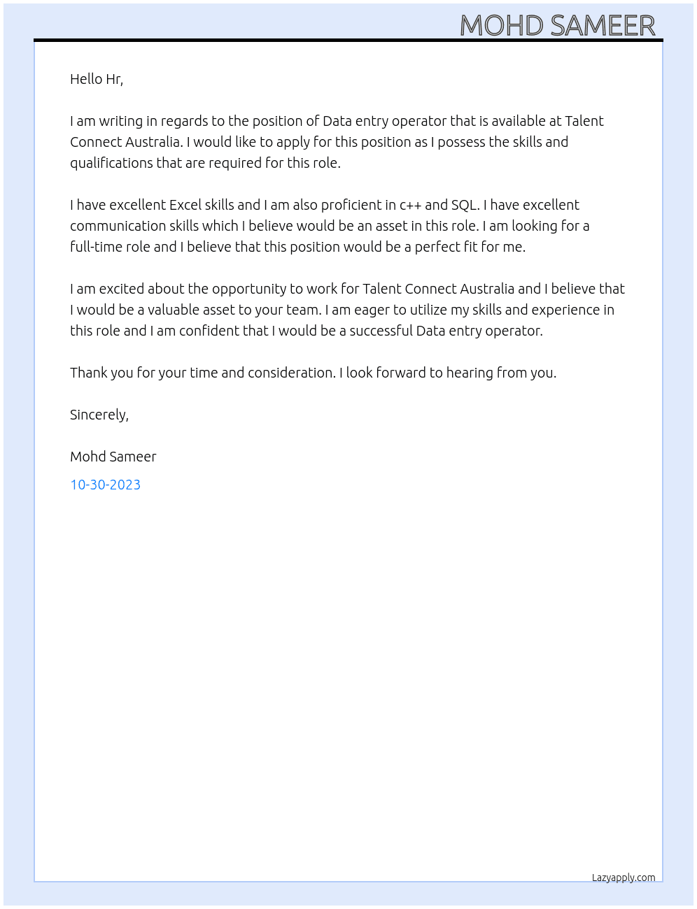 Data entry operator  At Talent Connect Australia Cover Letter