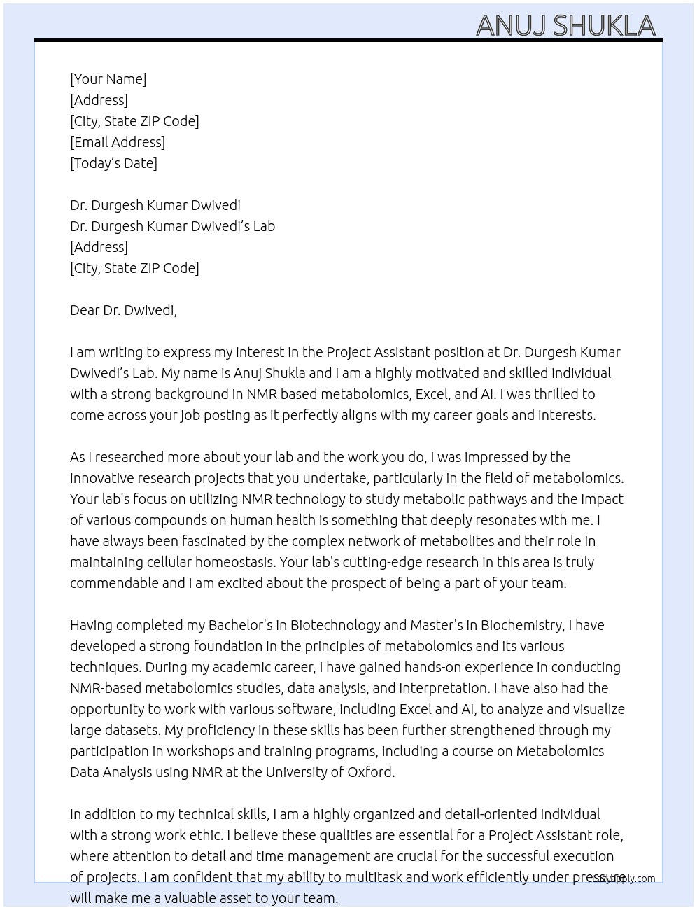 Project Assistant  At Dr. Durgesh Kumar Dwivedi 'lab Cover Letter