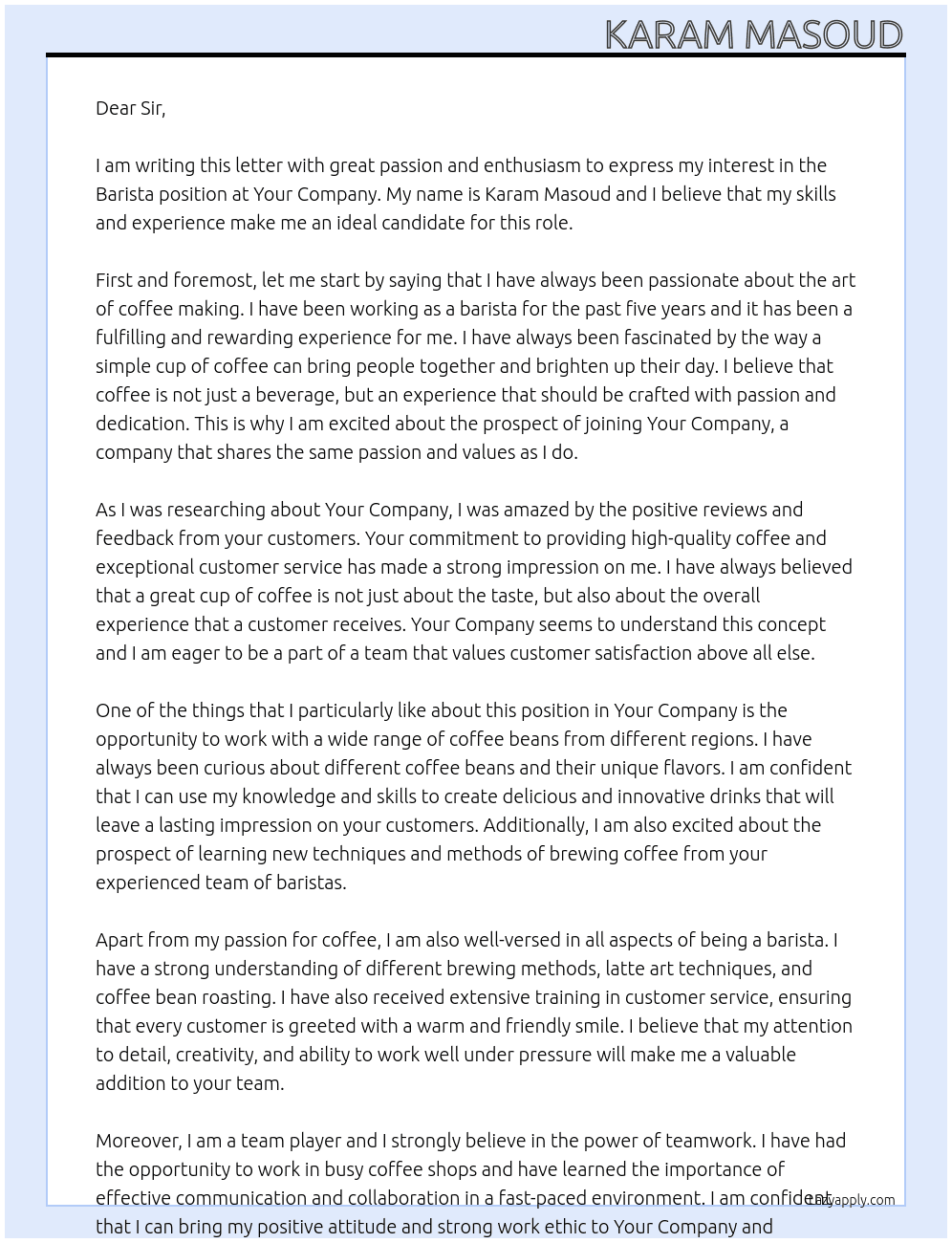 Barista  At Your company  Cover Letter