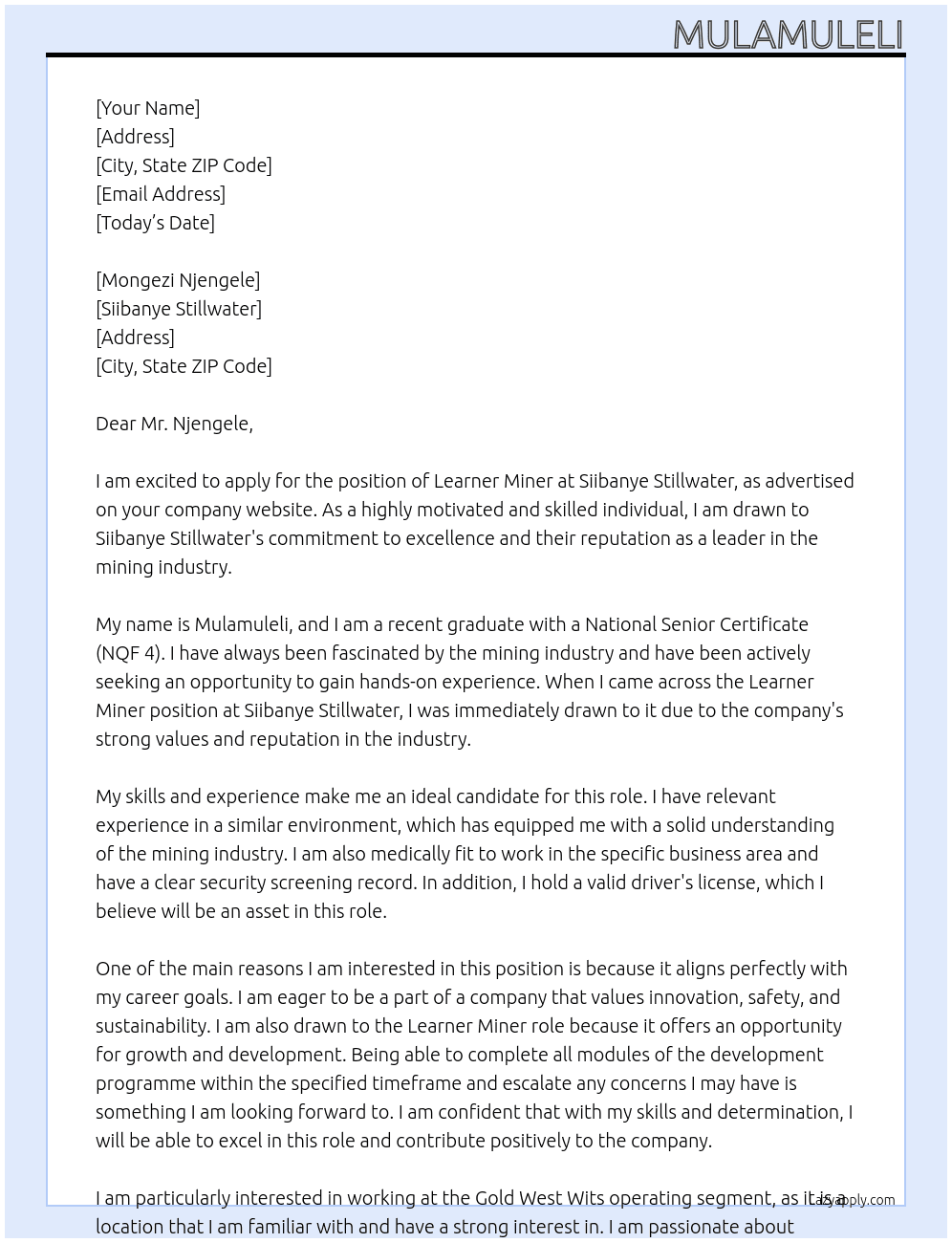 learner miner At siibanye stilllwater Cover Letter