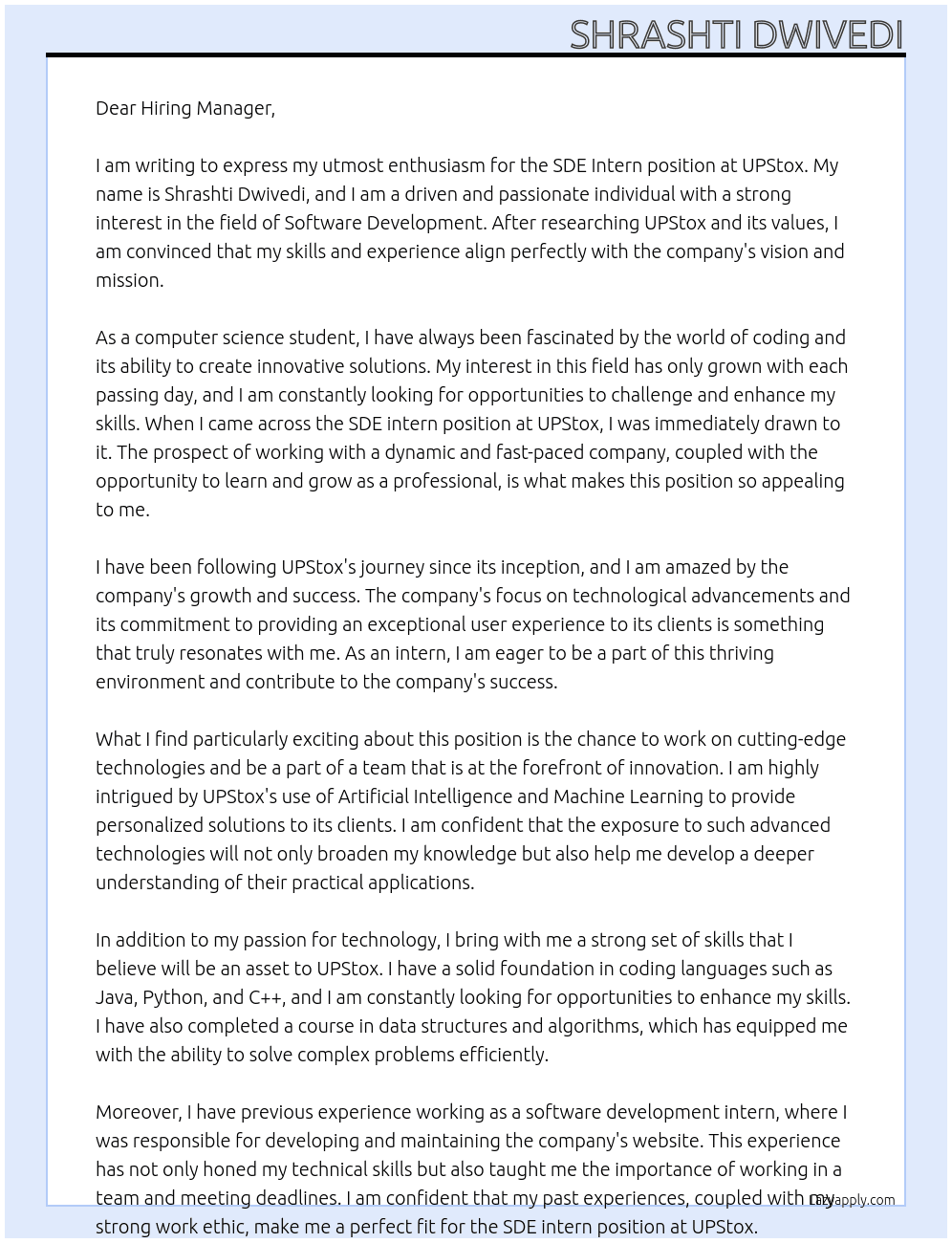 SDE intern At UPStox Cover Letter