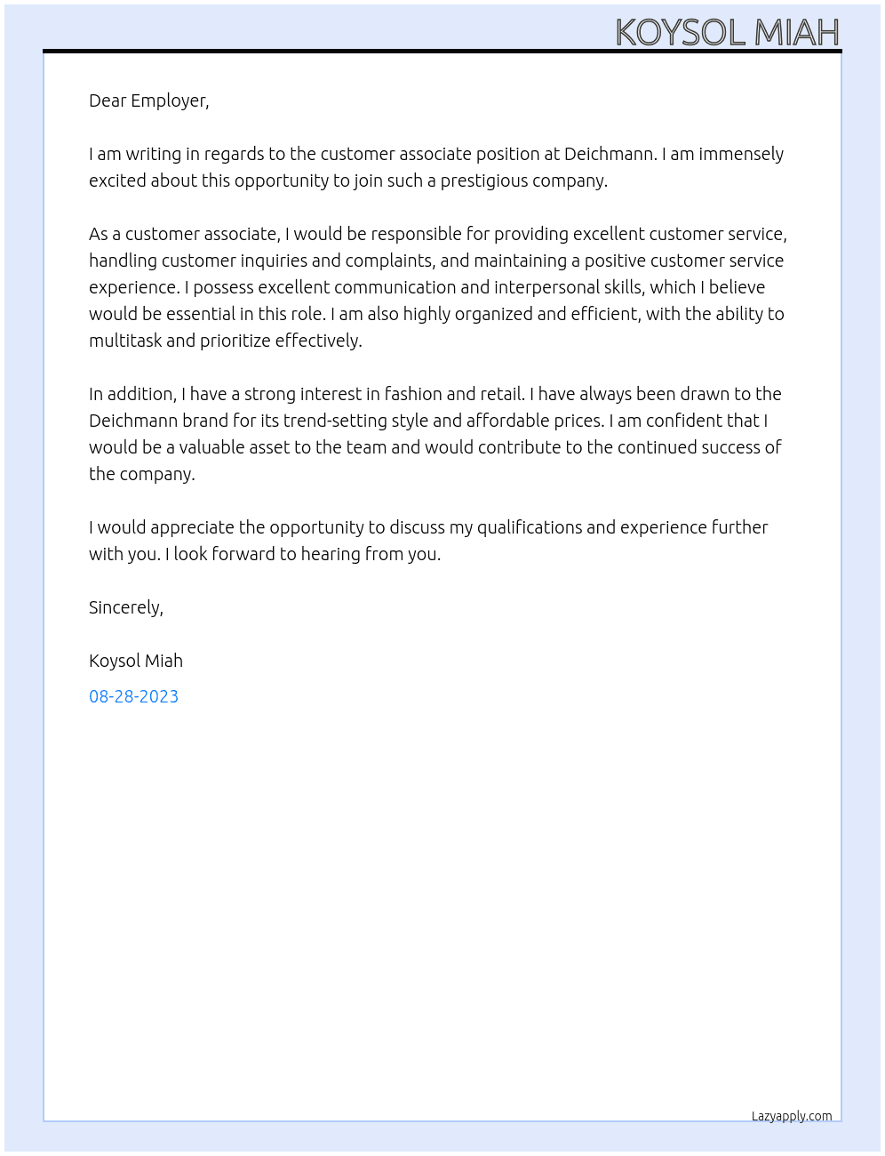 Customer Associate  At Deichmann Cover Letter