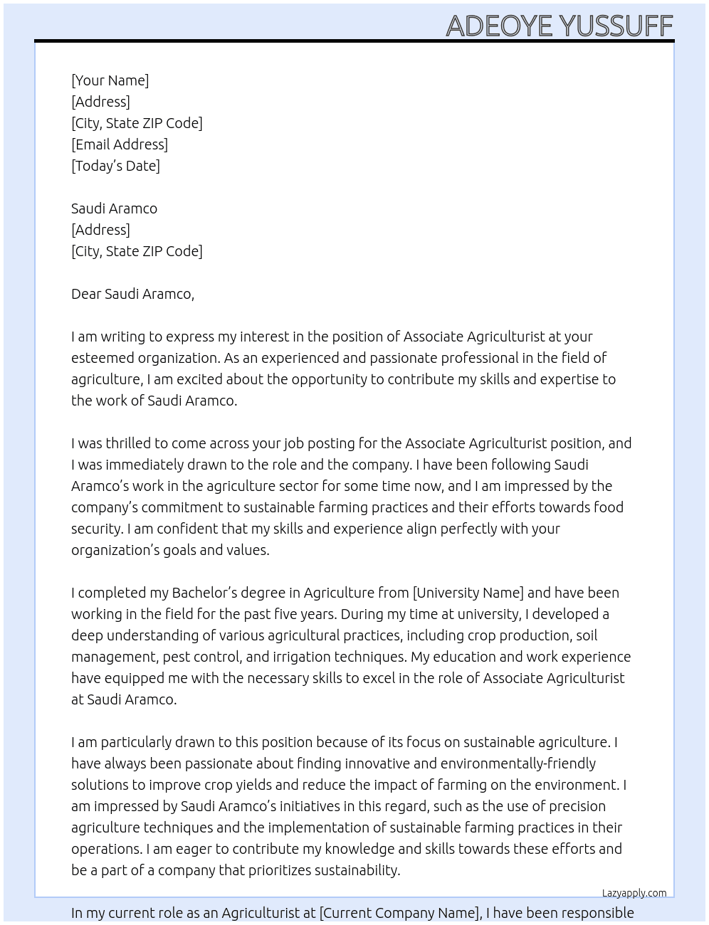 Cover letter for associate agriculturist - LazyApply