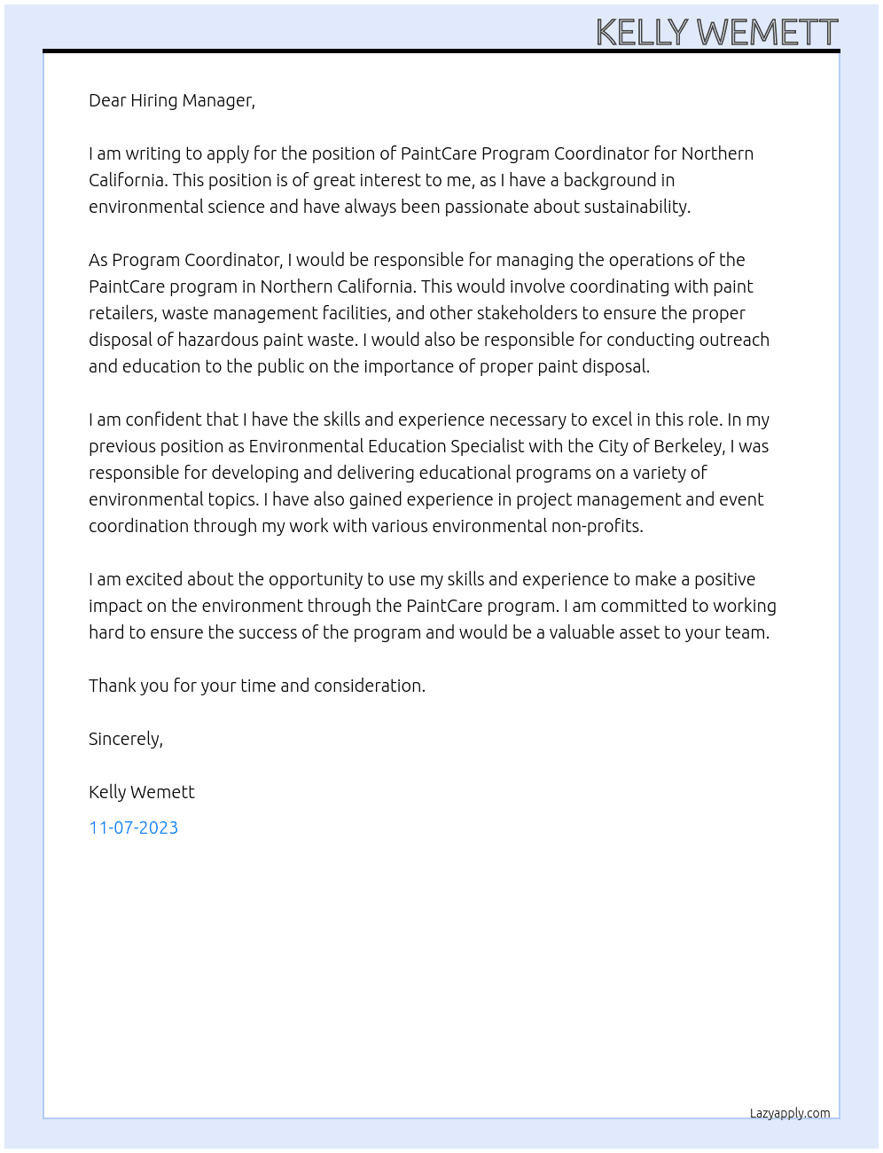 paint  At PaintCare Program Coordinator for Northern California Cover Letter
