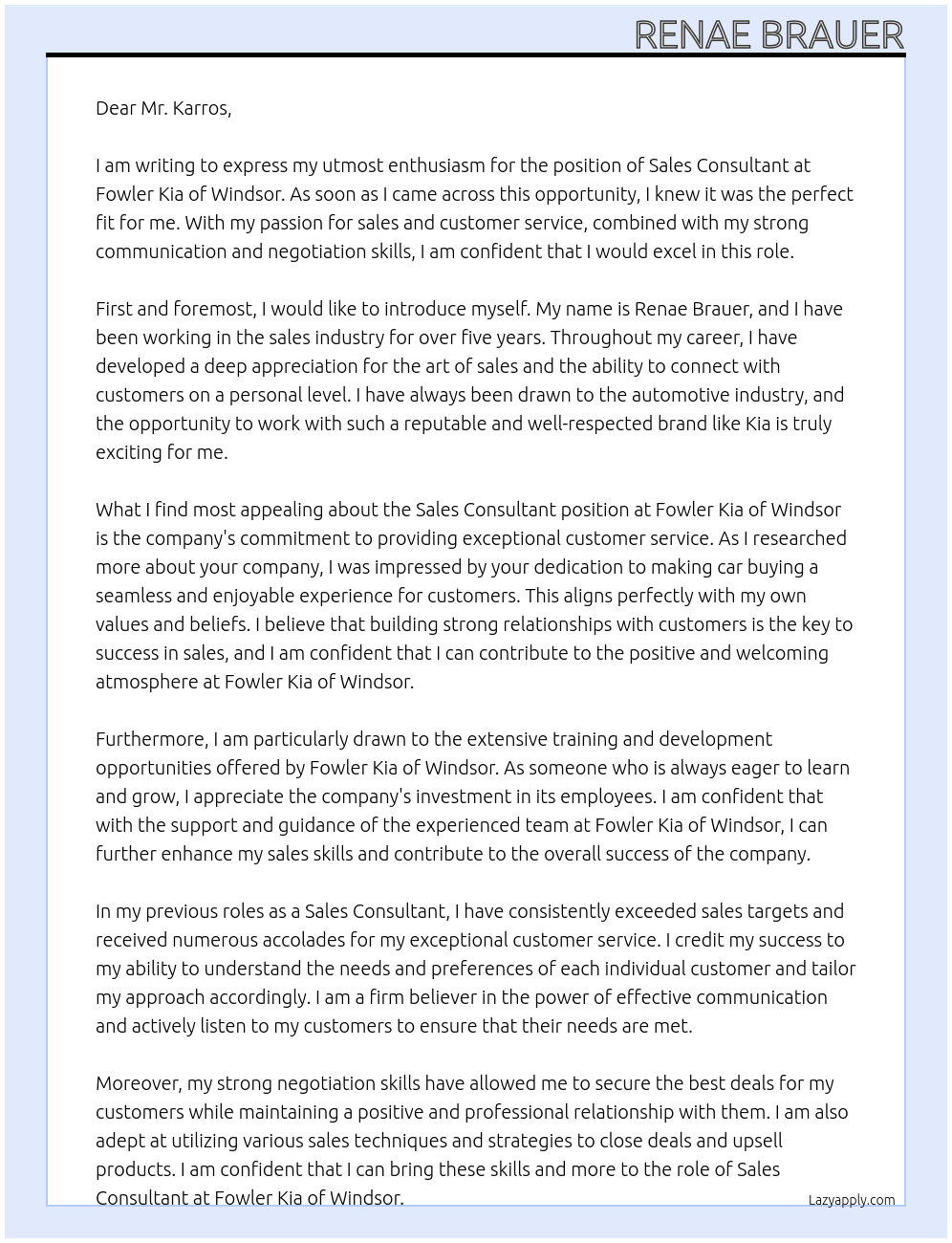Sales Consultant At Fowler Kia of Windsor Cover Letter