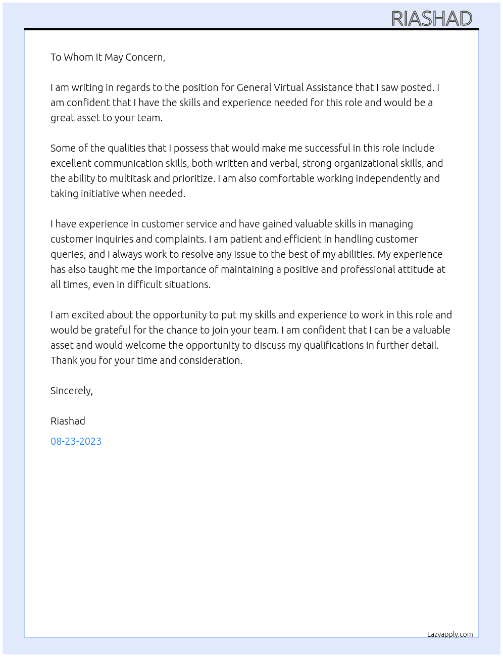 General Virtual Assistance  At no name Cover Letter