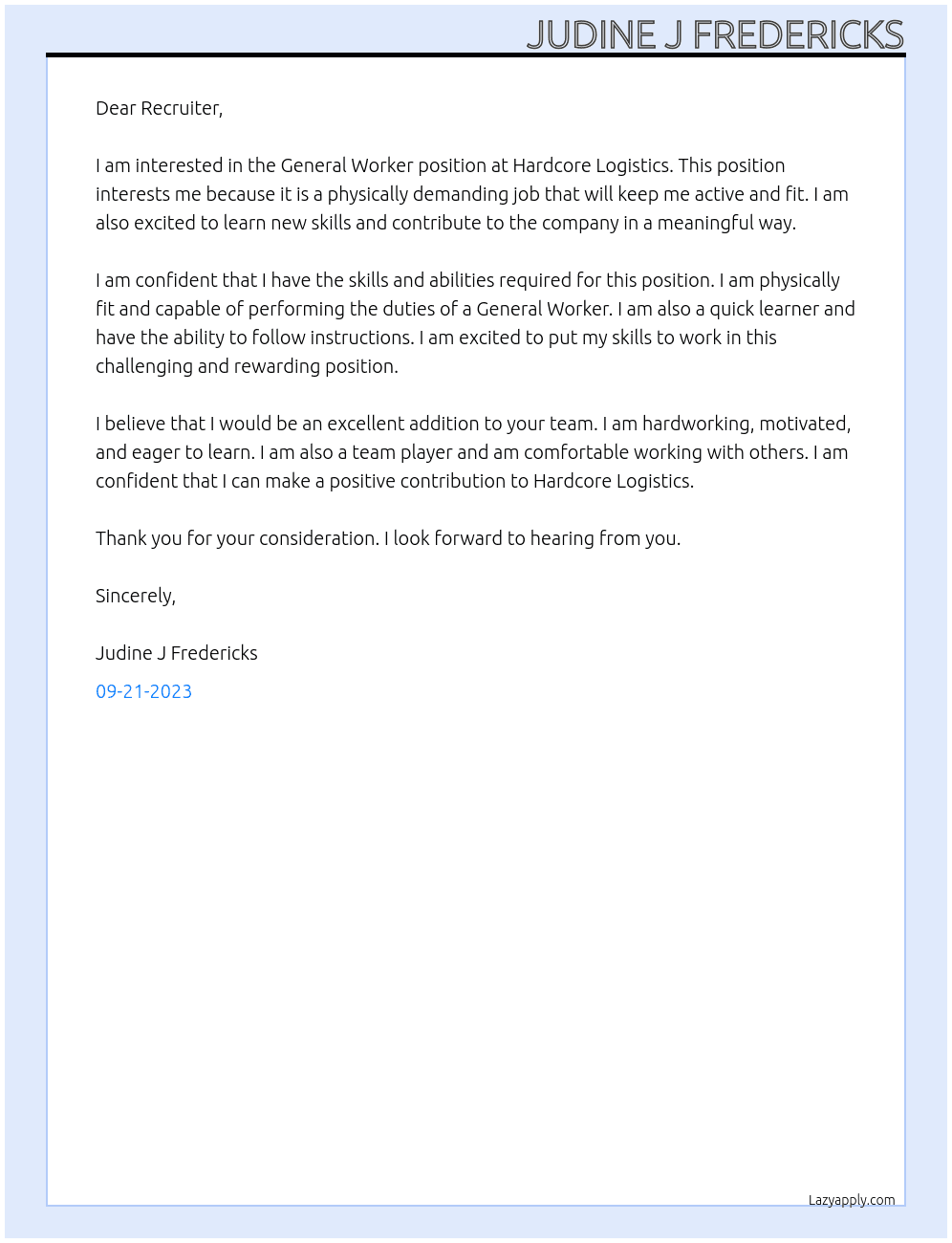 General Worker At Hardcore Logistics Cover Letter