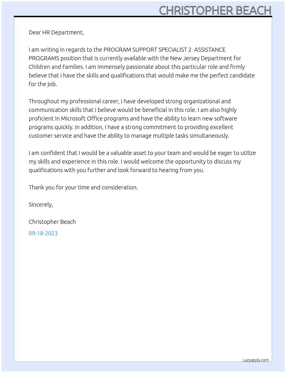 PROGRAM SUPPORT SPECIALIST 2  ASSISTANCE PROGRAMS  At New Jersey Department for Children and Families Cover Letter