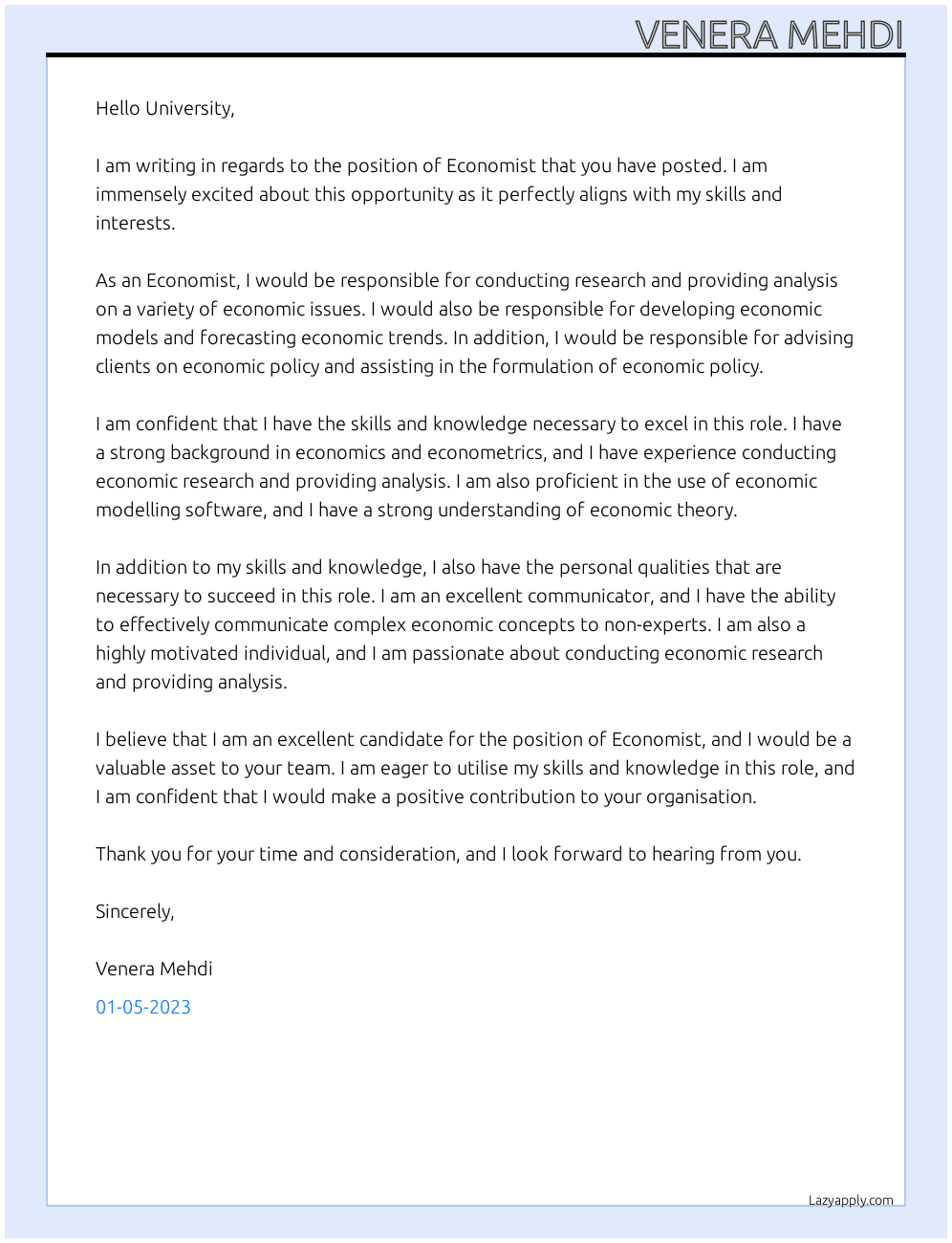 Economist At University Cover Letter