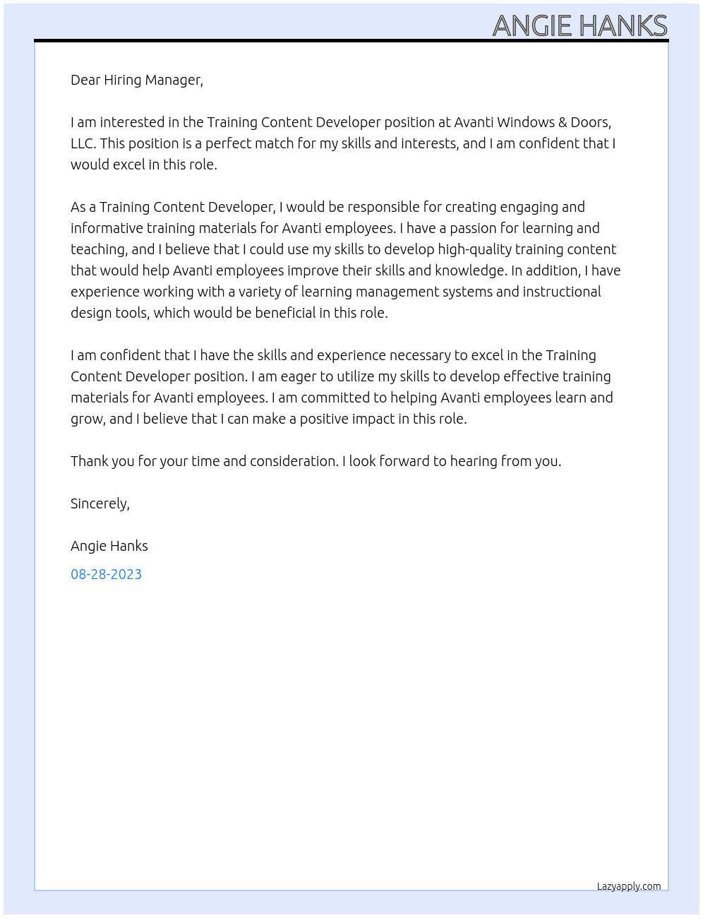Training Content Developer At Avanti Windows & Doors, LLC Cover Letter