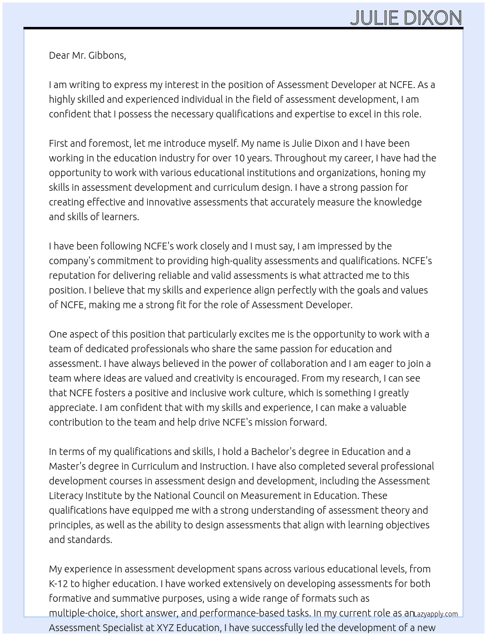 Assessment developer At NCFE Cover Letter