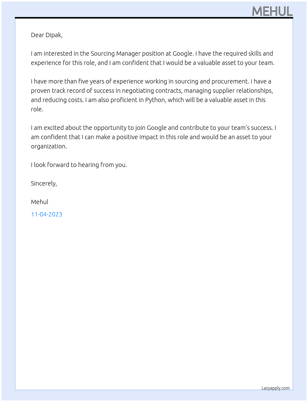 Sourcing Manager At Google Cover Letter