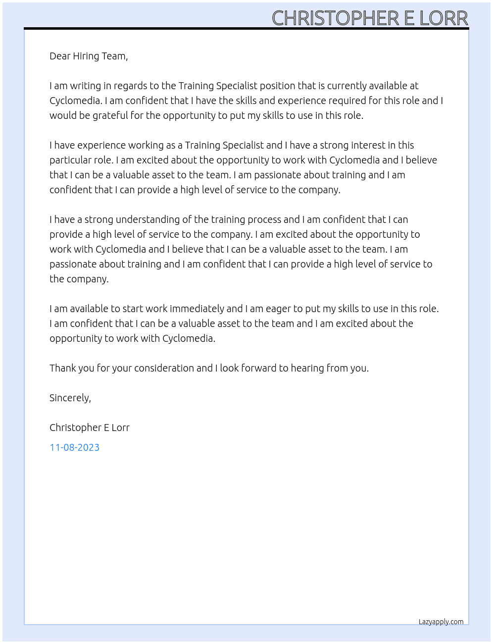 Training Specialist At Cyclomedia Cover Letter