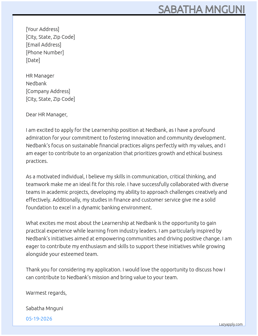 Learnership At Nedbank  Cover Letter