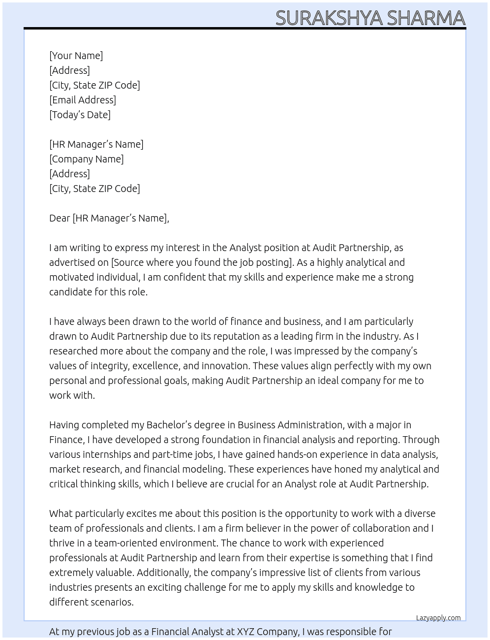 Analyst At Audit partnership Cover Letter