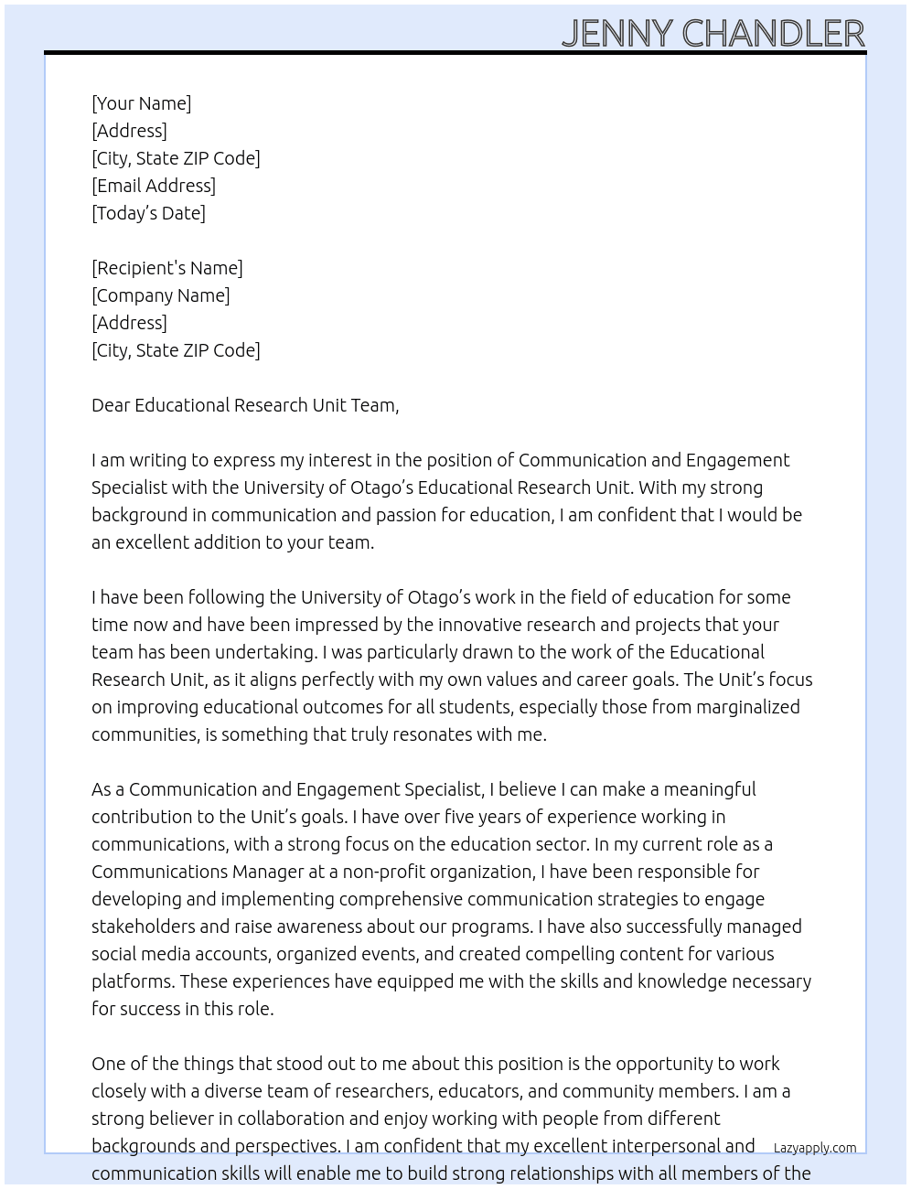 Communication and Engagement Specialist At University of Otago Cover Letter