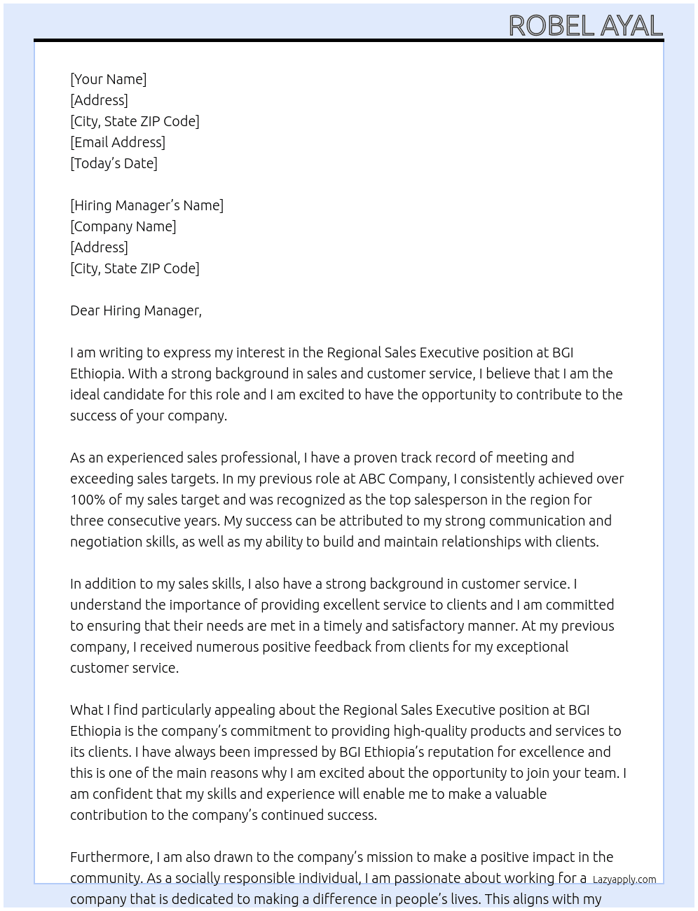 Regional sales executive  At BGI Ethiopia Cover Letter