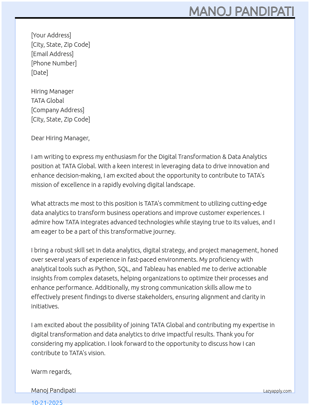 Cover letter for digital transformation & data analytics - LazyApply