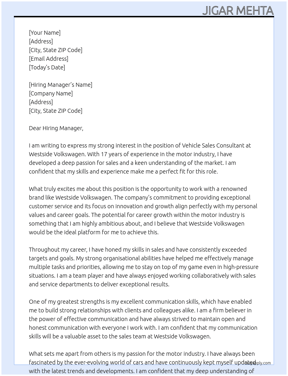 Vehicle Sales Consultant At Westside Volkswagen Cover Letter