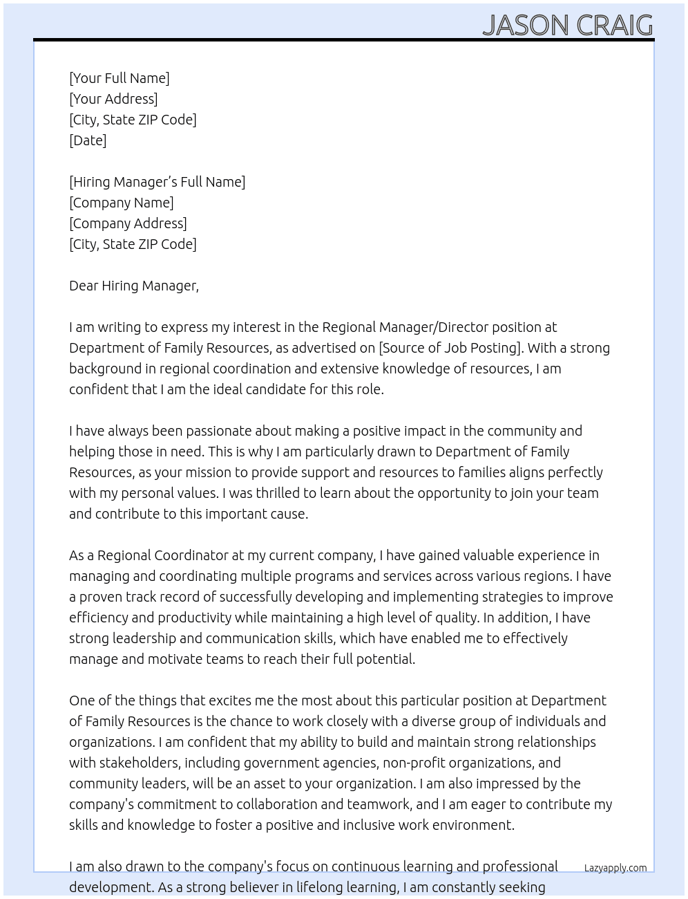Regional Manager / Director At Department of Family Resources Cover Letter