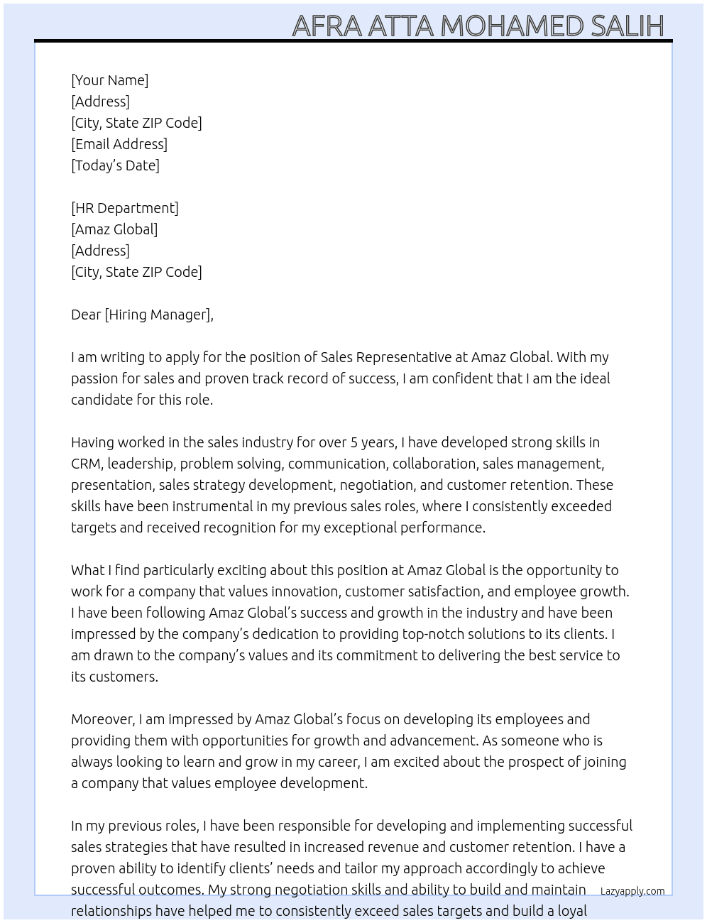 Sales Representative  At Amaz Global  Cover Letter