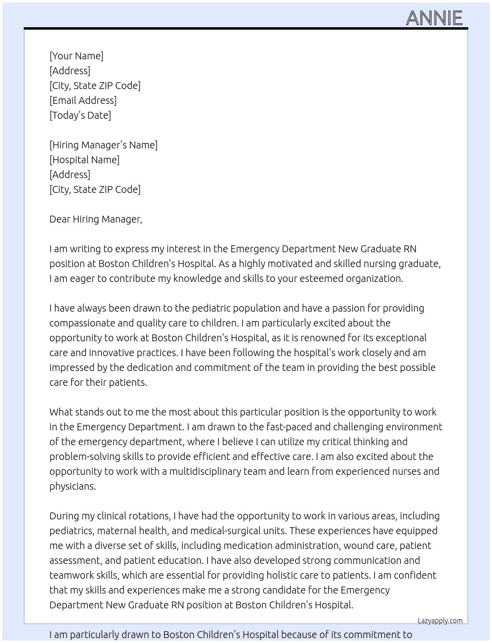 Emergency Department New Graduate RN  At Boston Children's Hospital  Cover Letter
