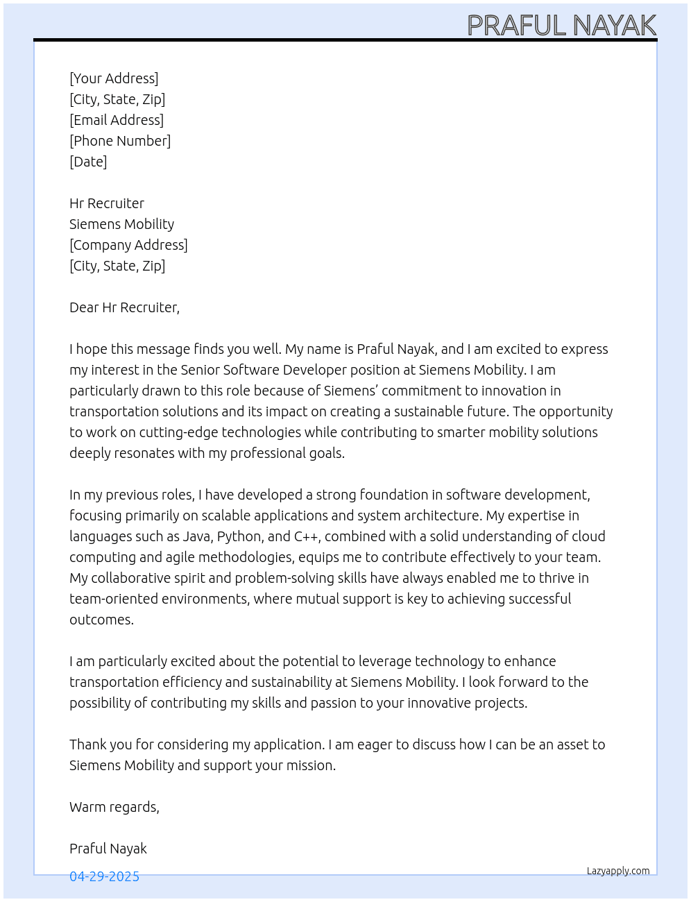Senior Software Developer At Siemens Mobility Cover Letter