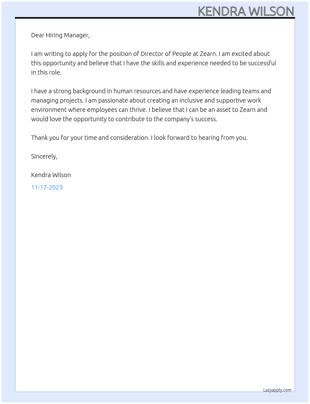 Director of People  At Zearn Cover Letter