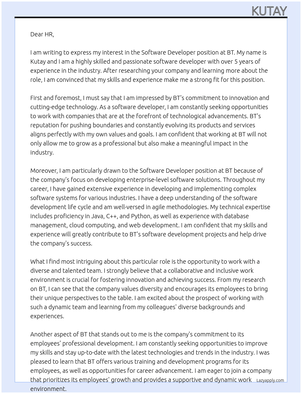 Software Developer At BT Cover Letter