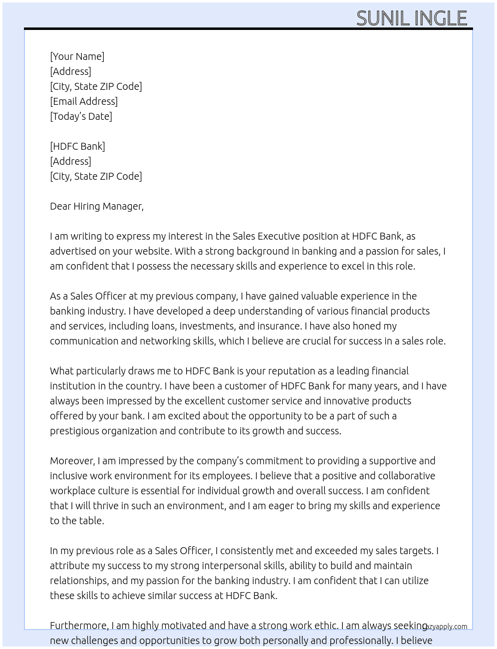 Sales executive  At Sales officer  Cover Letter