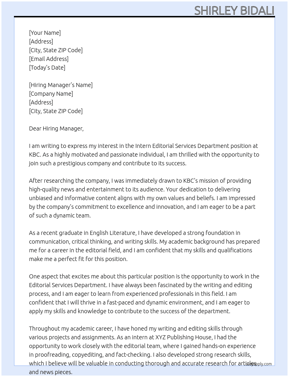 Intern Editorial Services Department At KBC Cover Letter