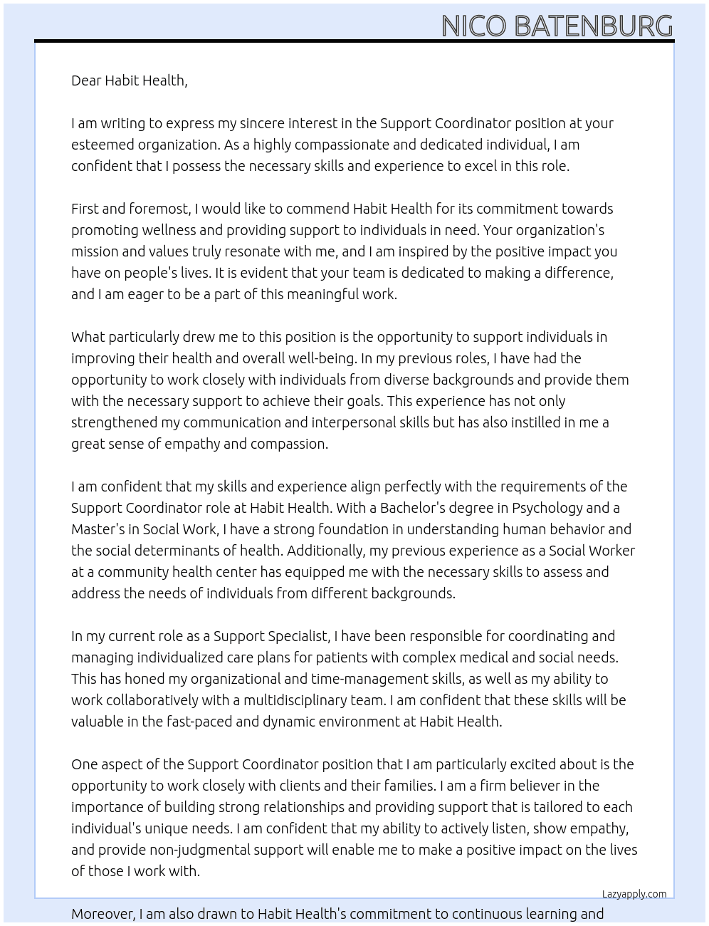 Support Coordinator At Habit Health Cover Letter