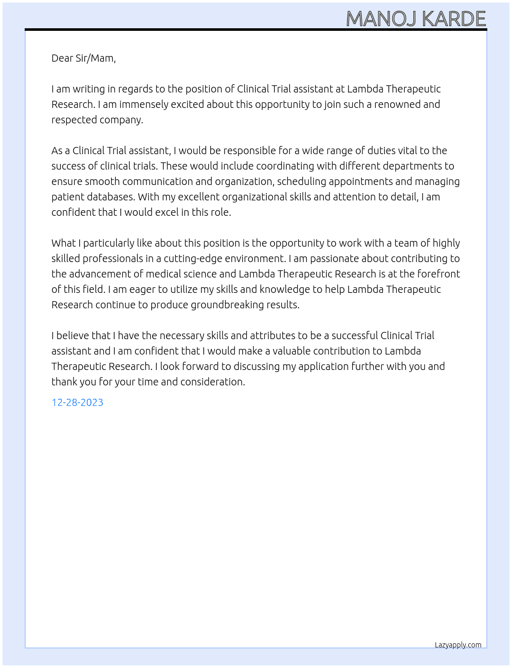 Clinical Trial assistant At Lambda Therapeutic Research Cover Letter