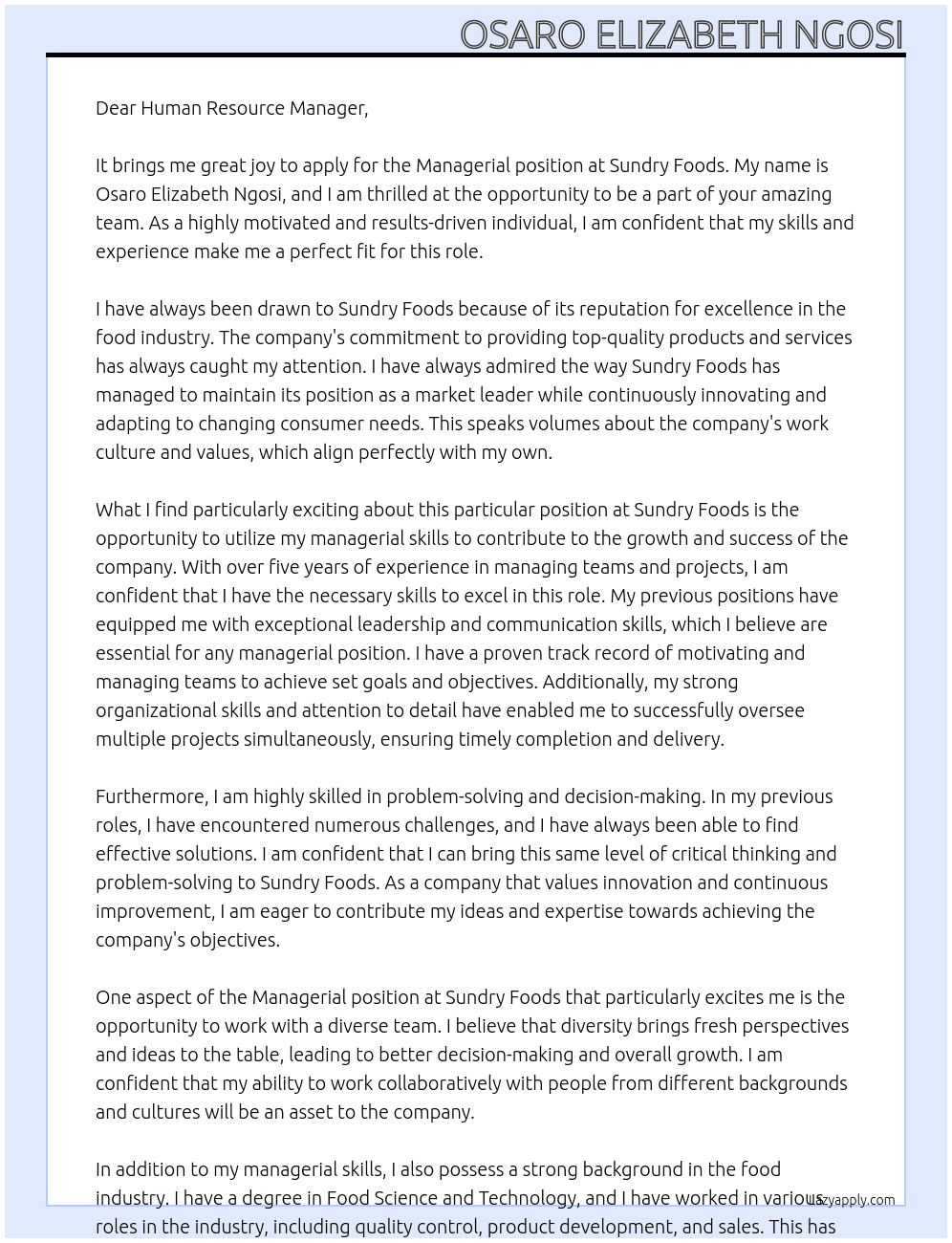 MANAGERIAL POSITION At SUNDRY FOODS Cover Letter
