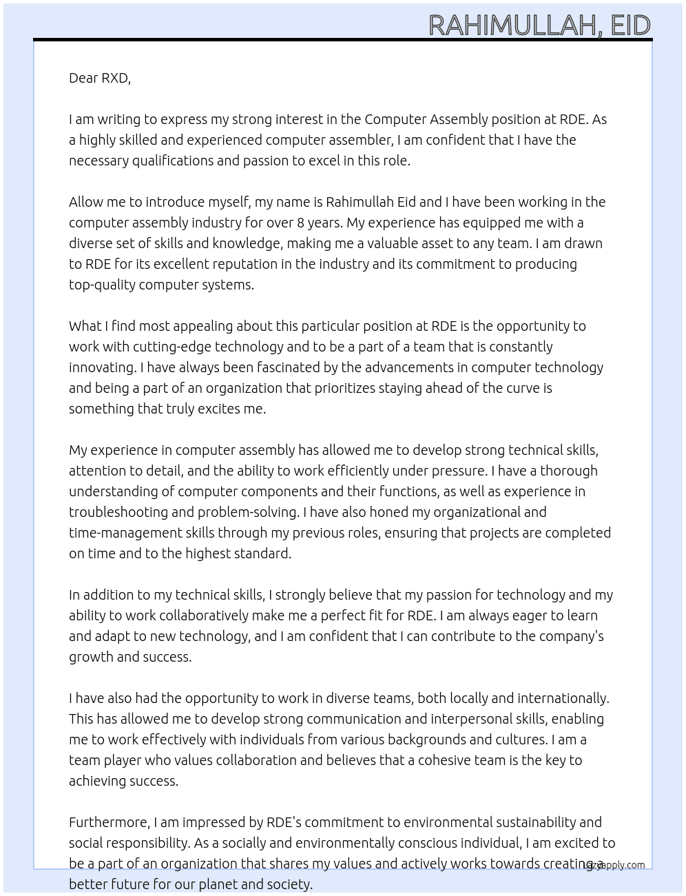 Computer assembly At RDE Cover Letter
